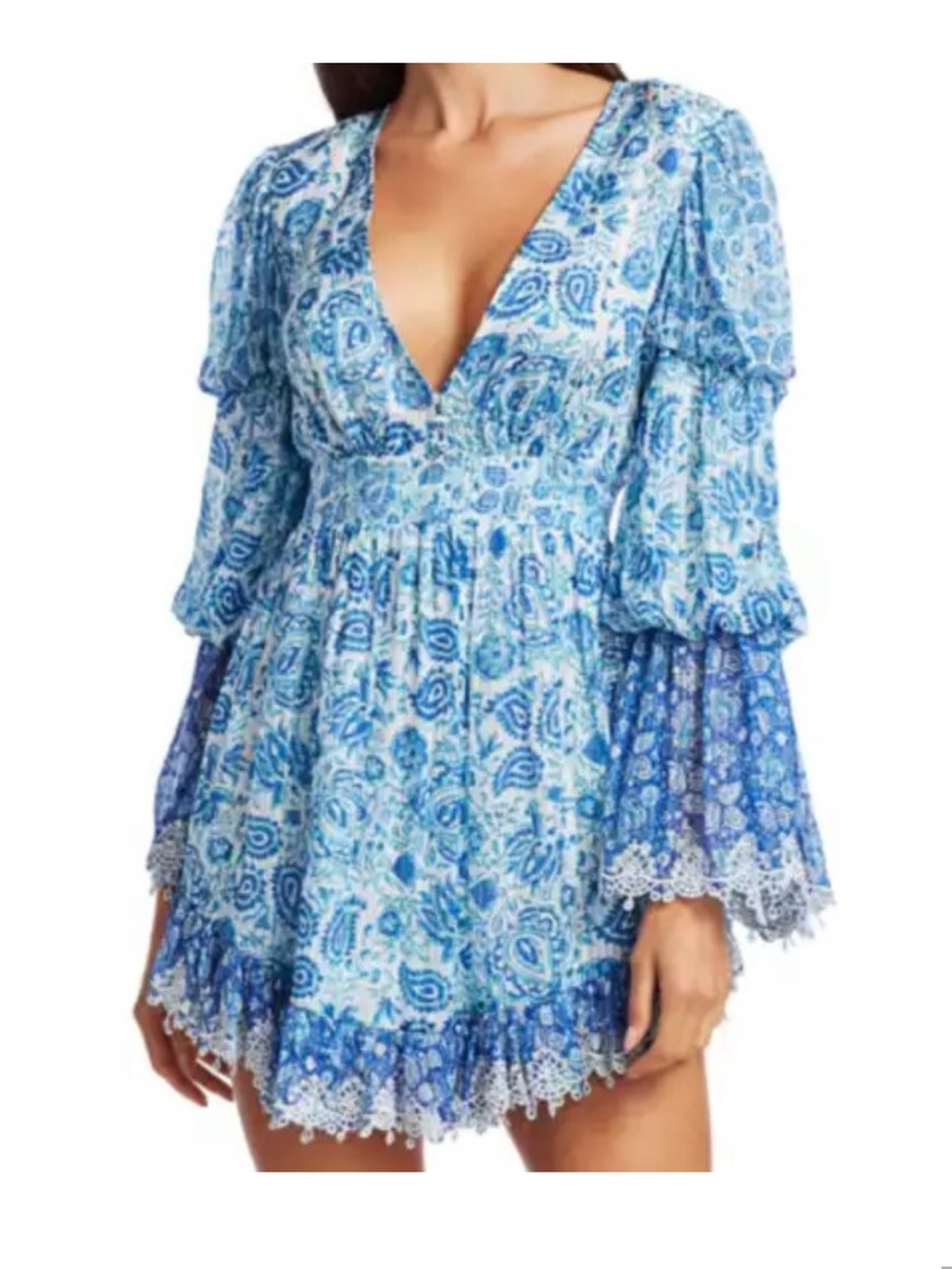 NWT HEMANT & NANDITA Blue Paisley V-Neck Tiered Mini Dress saks fifth avenue